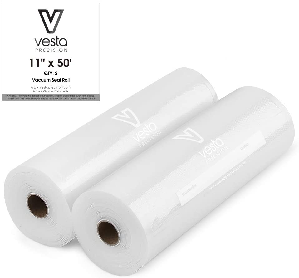 A picture of two 11-inch by 50 foot embossed vacuum seal rolls.