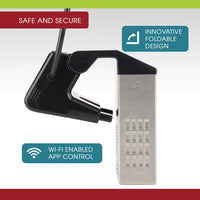 An infographic showing features of the fold-over design and Wi-Fi connectivity.