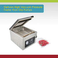 An infographic describing oil pump chamber vacuum sealers deliver higher vacuum faster than dry pumps. 