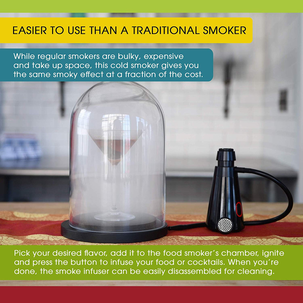 An infographic showing smoke inside a cloche, infusing a cocktail.