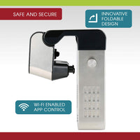 An infographic showing features of the fold-over design and Wi-Fi connectivity.