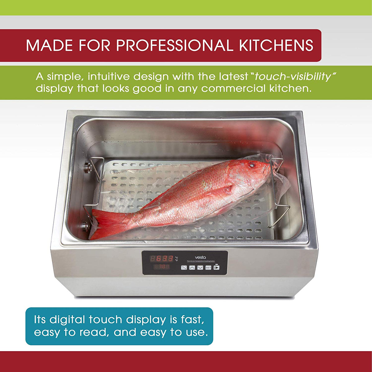 An infographic showing the inside of the SV251 Perfecta Pro with a vacuum sealed fish being cooked sous vide. 