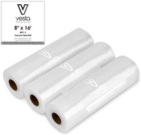 A picture of three rolls of 8-inch by 16 foot embossed vacuum seal rolls.