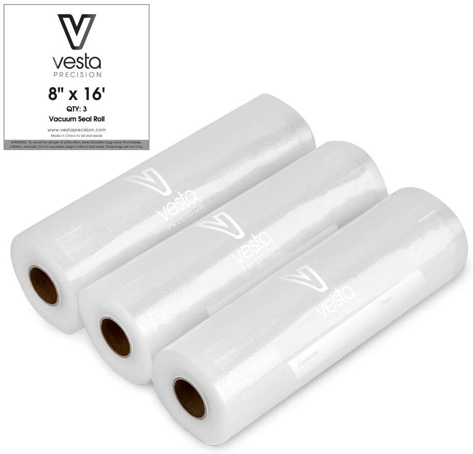 A picture of three rolls of 8-inch by 16 foot embossed vacuum seal rolls.