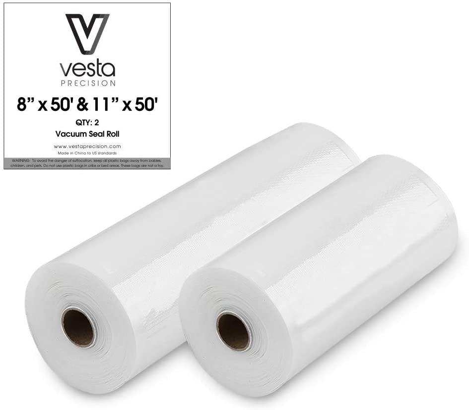 A picture of one 8-inch by 50 foot and one 11-inch by 50 foot embossed vacuum seal rolls.