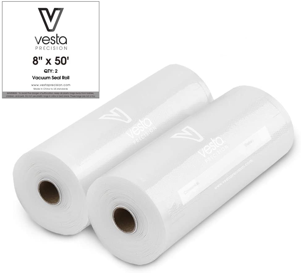 A picture of two 8-inch by 50 foot embossed vacuum seal rolls.