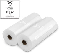A picture of two 8-inch by 50 foot embossed vacuum seal rolls.