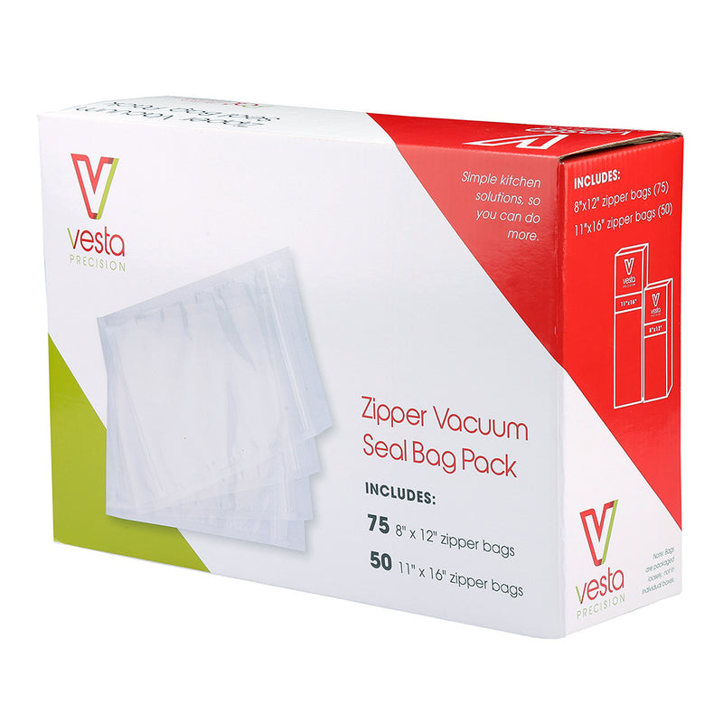 A picture of the box containing 75 8x12 inch and 50 11x16 inch embossed zipper vacuum seal bags.