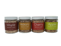 A picture with all 4 jars of smoke chips  - Maple, Hickory, Cherry, and Apple. 