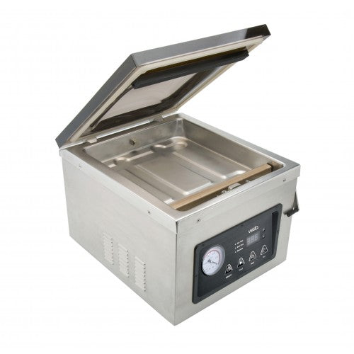 A picture of the C17v chamber vacuum sealer with the lid open.