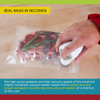 An infographic showing the YJS60 Handheld Vac 'n Seal vacuuming a zipper valve bag with a steak inside. 