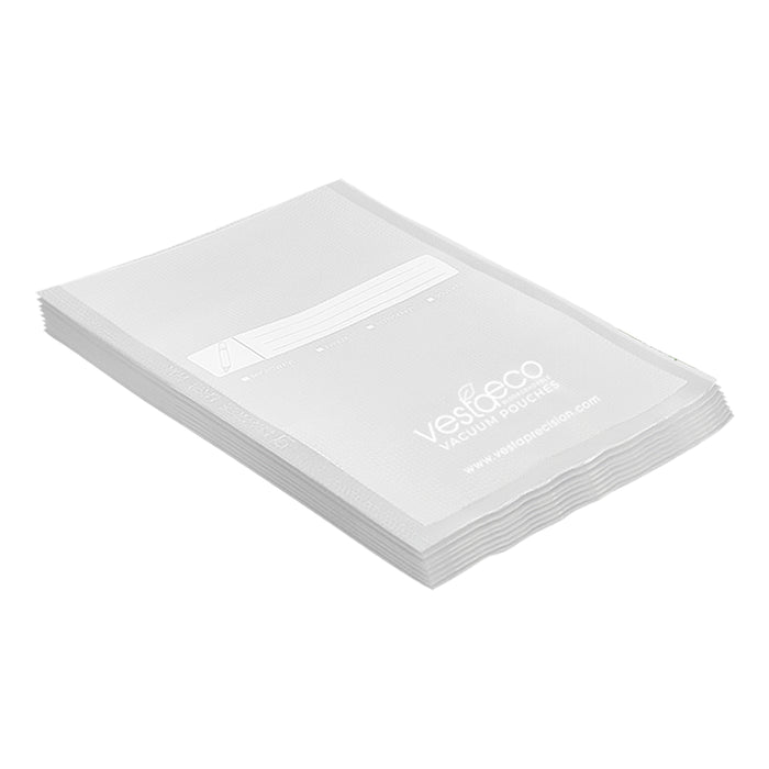 A stack of VestaEco certified commercially compostable flat vacuum seal bags. 