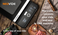 An infographic for the NeoVide machines, highlighting the primary features - marinate, vacuum, sous vide, and sear. 