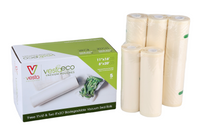 A picture of the embossed VestaEco certified commercially compostable vacuum seal roll assortment with two rolls of 8-inch by 20 fet and three rolls of 11-inch by 16 feet.