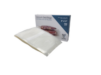 A picture of the box for 100 count of 8x12-inch embossed vacuum seal bags with the bags laying in front.