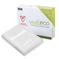 A picture of a box of fifty 11x16 inch VestaEco certified commercially compostable embossed vacuum seal bags.