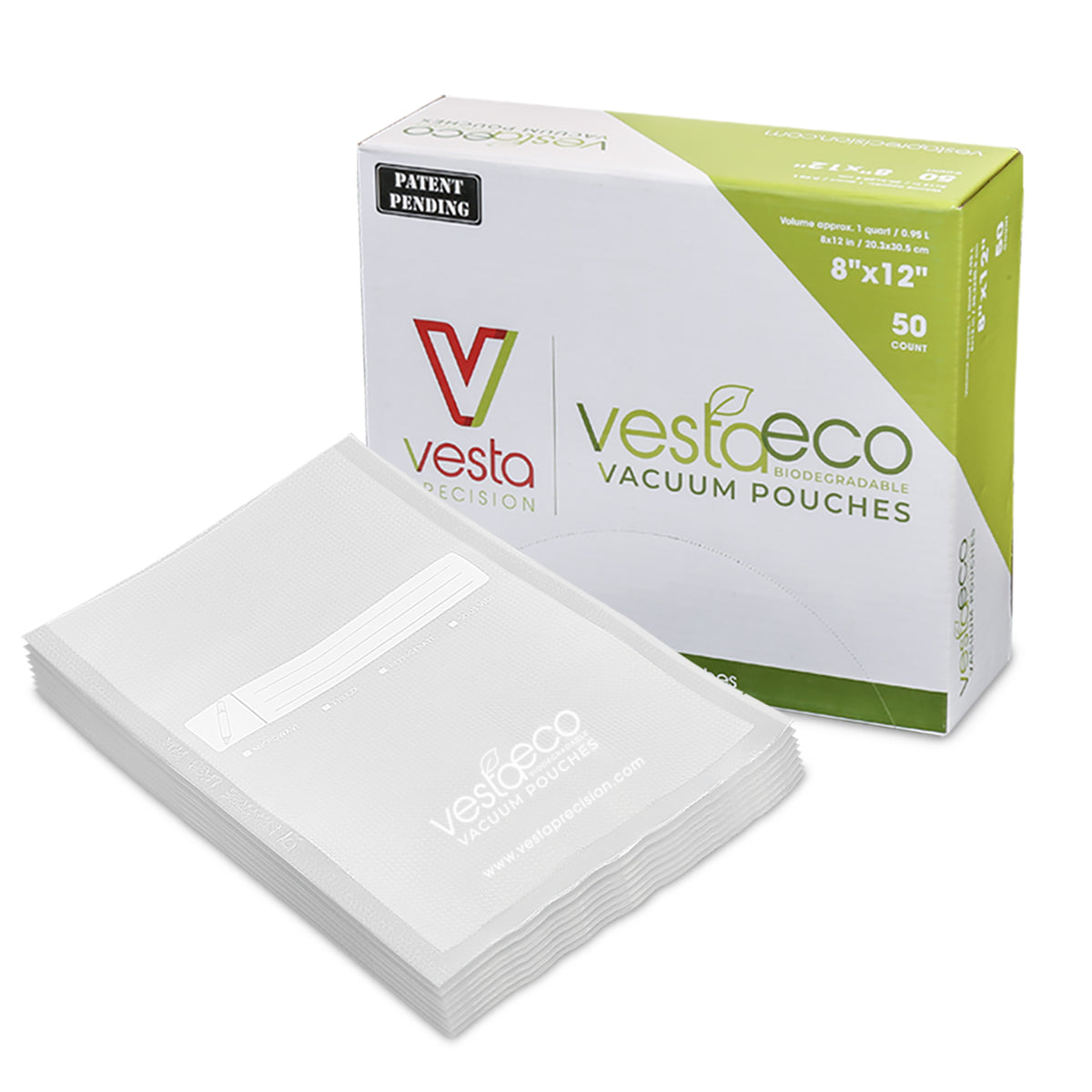 A picture of a box of fifty 8x12 inch VestaEco certified commercially compostable embossed vacuum seal bags.