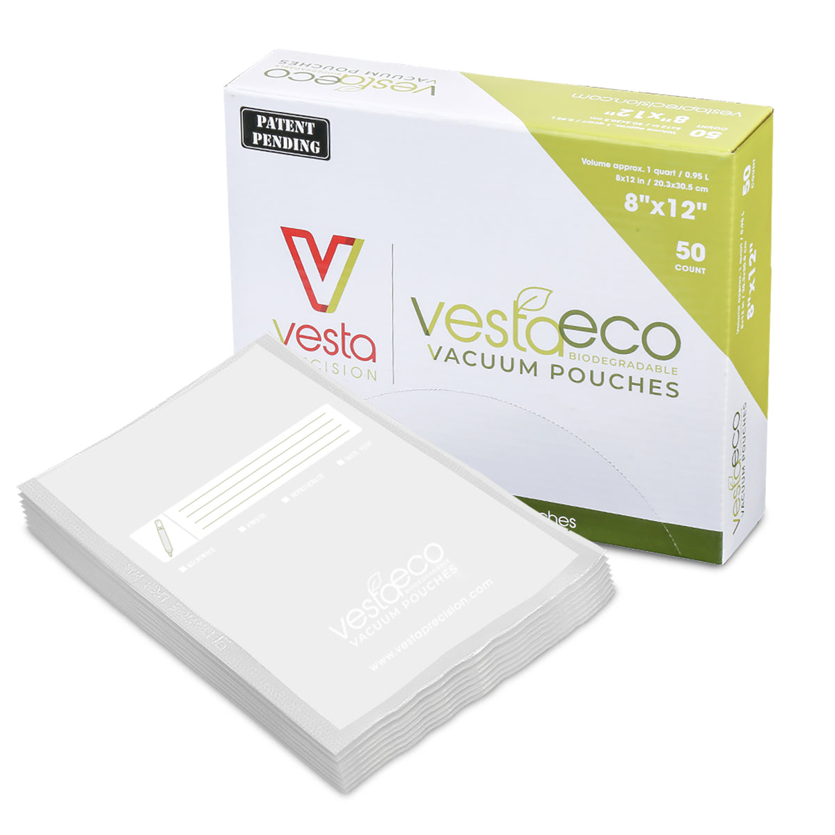 A picture of a box of fifty 8x12 inch VestaEco certified commercially compostable flat chamber vacuum seal bags.