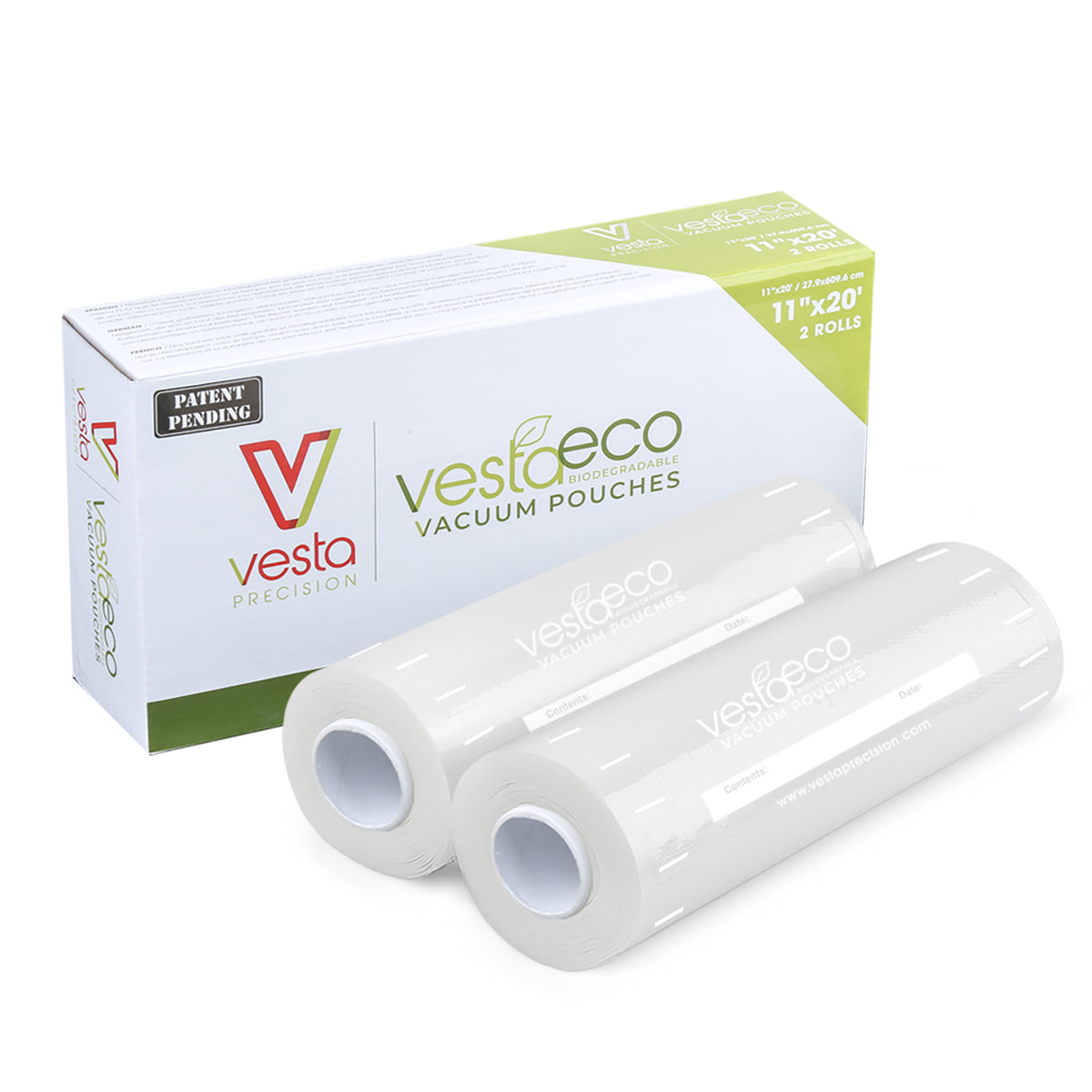 A picture of two 11-inch by 20 foot VestaEco certified commercially compostable vacuum seal rolls in front of their box. 