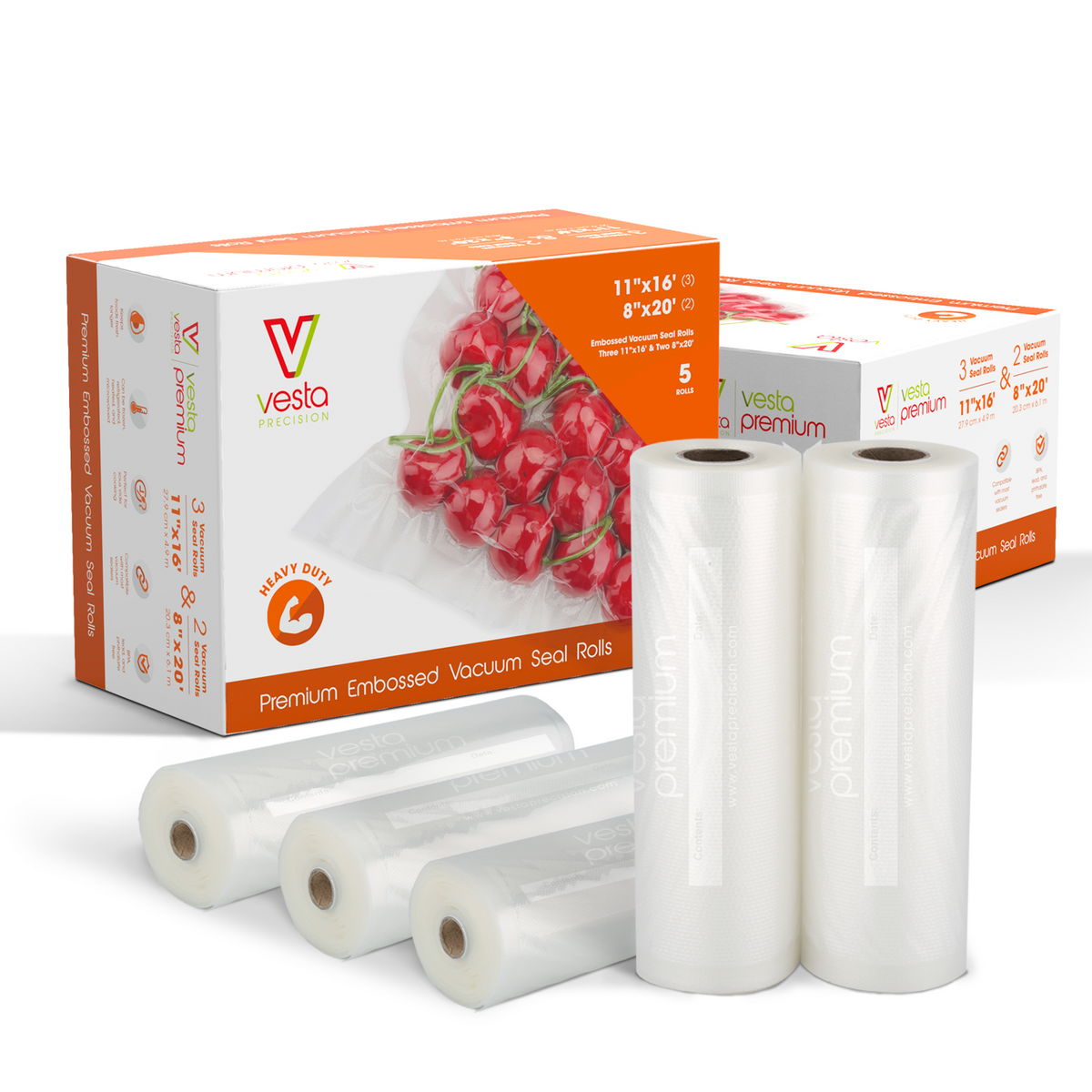 A picture of the VestaPremium 5 mil embossed vacuum sealer roll combination pack. 