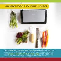 An infographic showing the V11 Vac 'n Seal Elite from the top with assorted vegetables being prepared for vacuum sealing.
