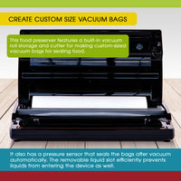 An infographic showing the roll storage and cutter of the V11 Vac 'n Seal Elite for creating custom sized bags.