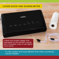 An infographic showing the V11 Vac 'n Seal Elite on a wooden countertop with the roll and hose.