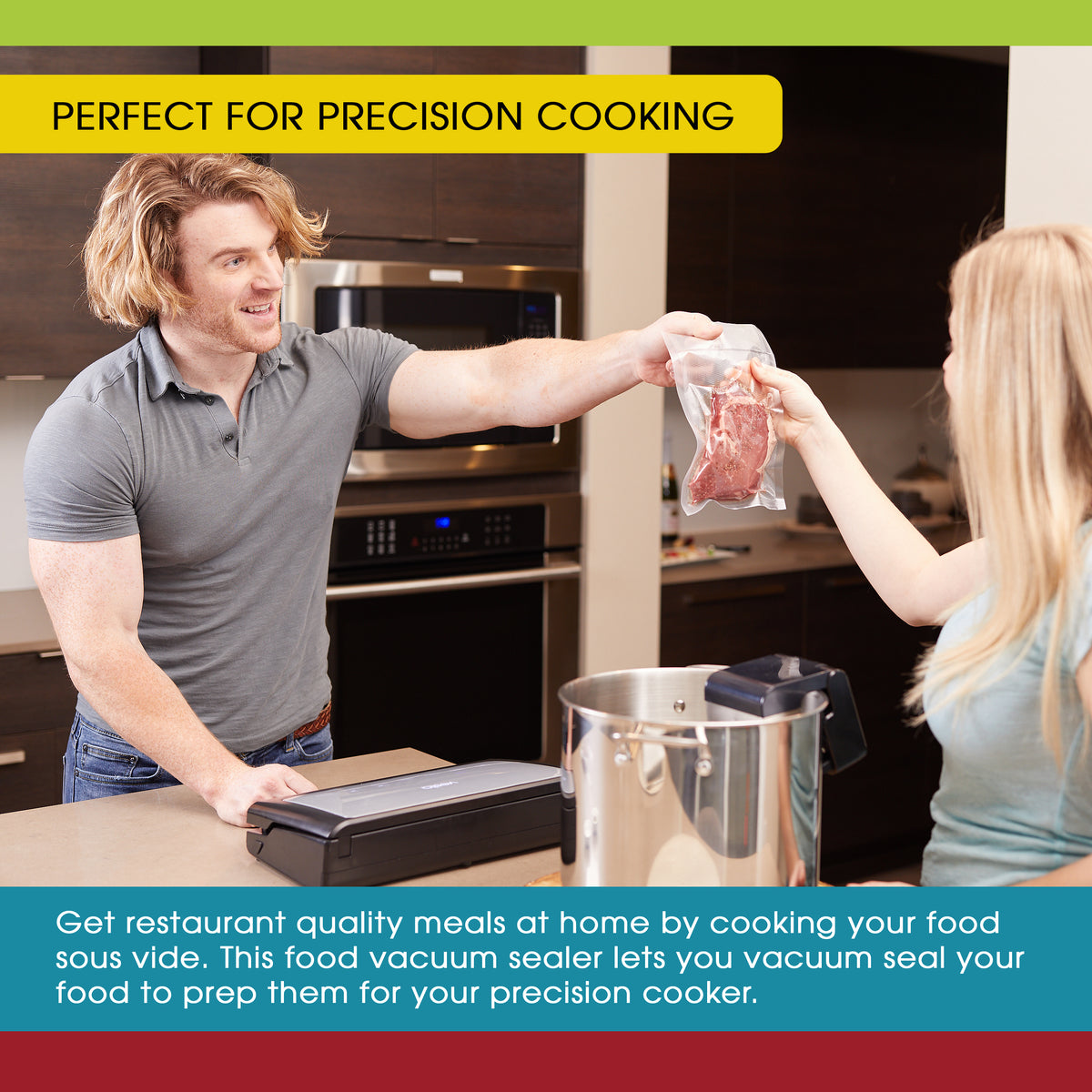 An infographic showing a couple using the V11 Vac 'n Seal Elite to prepare foods for sous vide cooking.