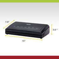 An infographic showing the V11 Vac 'n Seal Elite dimension - 15 inches wide by 7.8 inches deep by 3.5 inches tall. 