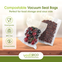 An infographic stating VestaEco certified commercially compostable flat chamber vacuum seal bags are food-grade, BPA-free, and compostable.