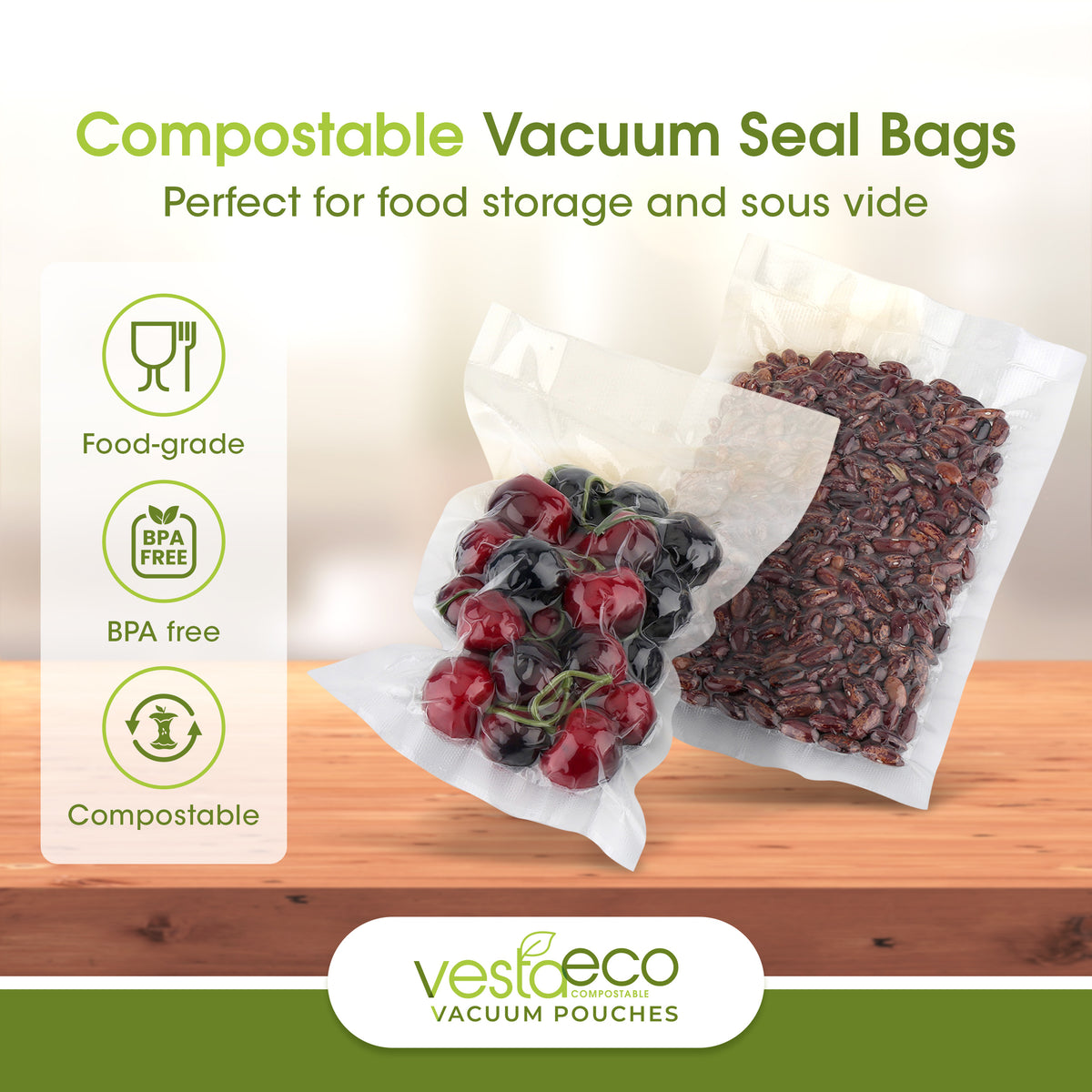 An infographic stating VestaEco certified commercially compostable embossed vacuum seal bags are food-grade, BPA-free, and compostable.