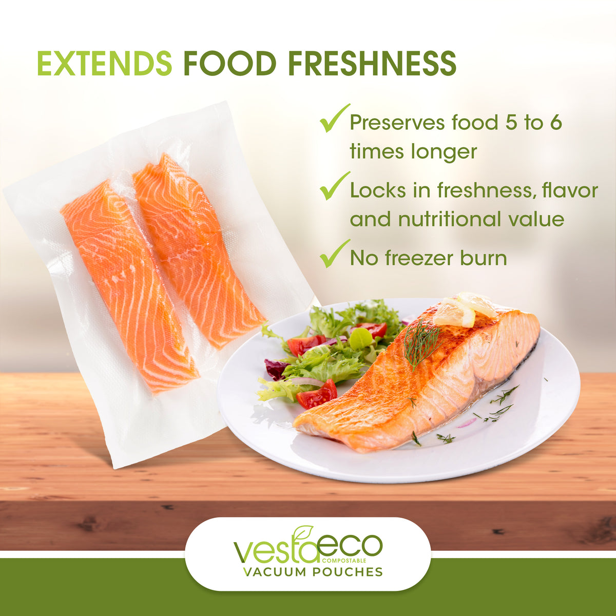 An infographic stating these VestaEco certified commercially compostable flat chamber vacuum seal bags extend freshness and prevent freezer burn.