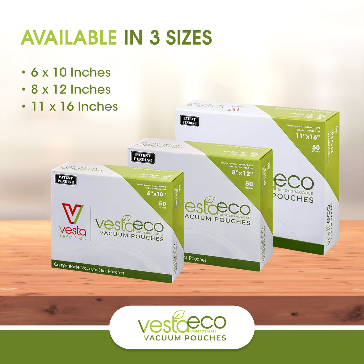 An infographic that shows the three sizes of VestaEco certified commercially compostable bags available - 6x10 inches, 8x12 inches, and 11x16 inches.
