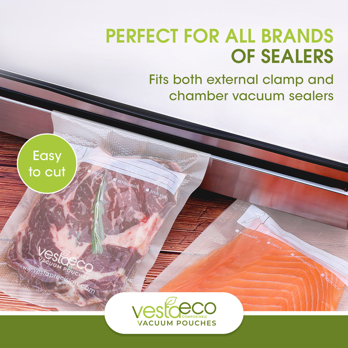 An infographic stating these VestaEco certified commercially compostable embossed vacuum seal bags can be used with other vacuum sealers. 