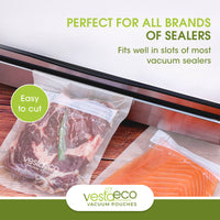 An infographic stating these VestaEco certified commercially compostable embossed vacuum seal rolls can be used with other vacuum sealers. 