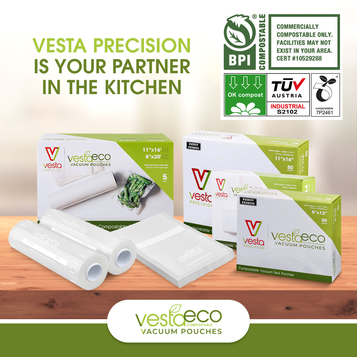 An infographic stating Vesta Precision is your partner in the kitchen with the BPI, OKCompost, and Seedling certification icons.