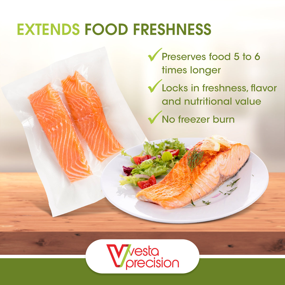 An infographic describing the features - extended freshness and no freezer burn