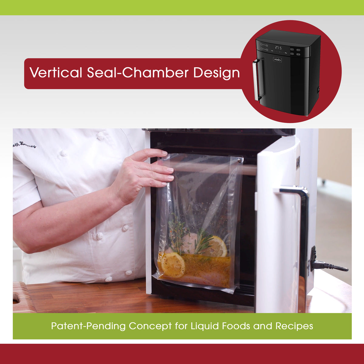 An infographic showing the vertical design of the Vertical Vac Elite chamber vacuum sealer. 