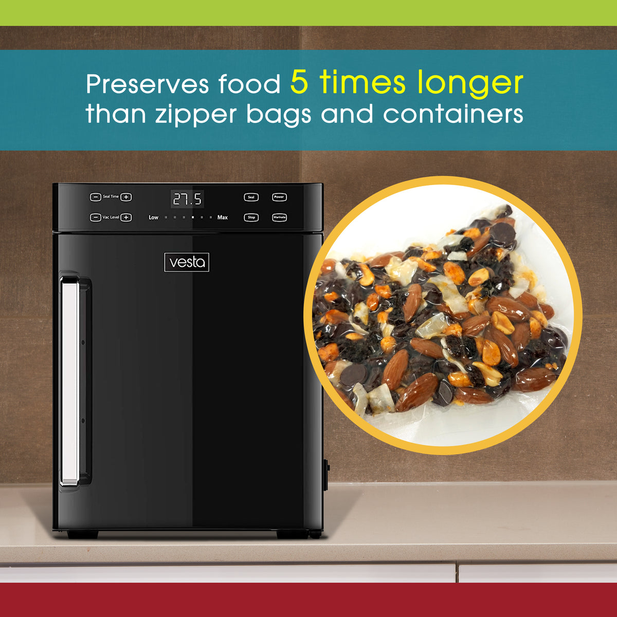 An infographic showing the Vertical Vac Elite chamber vacuum sealer and some vacuum sealed trail mix, describing how it retains freshness.