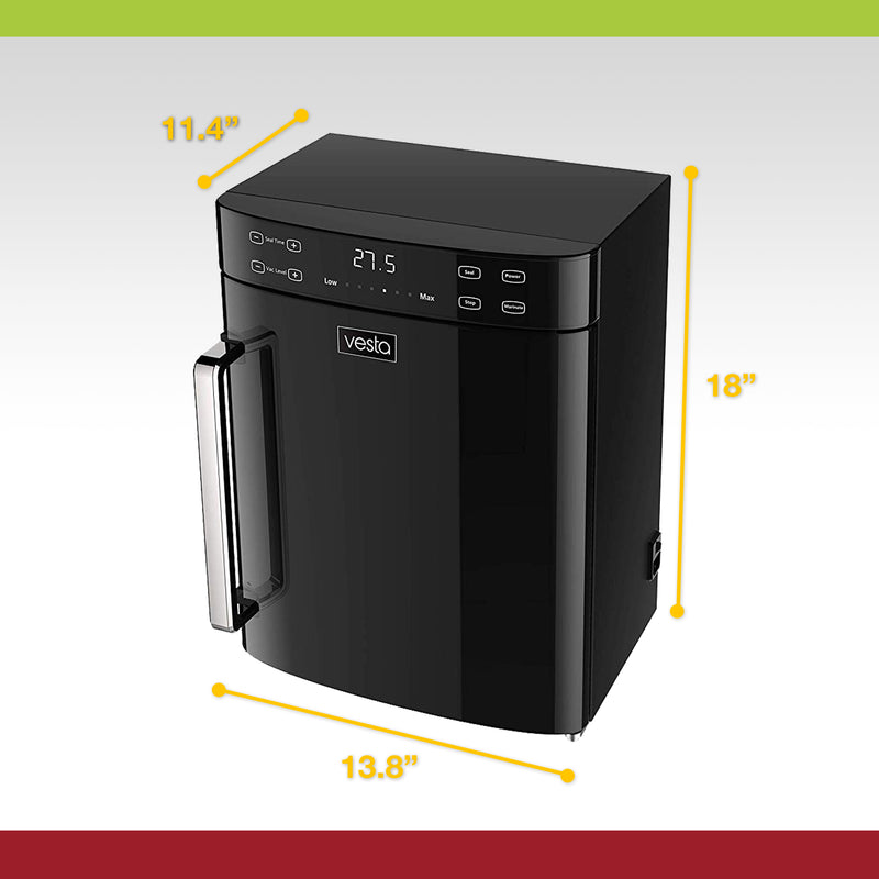 A picture showing the dimensions of the Vertical Vac Elite chamber vacuum sealer.